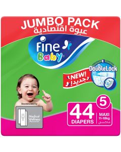 Fine Baby Diapers, Size 5, Maxi 11–18kg, Jumbo Pack of 44 diapers
