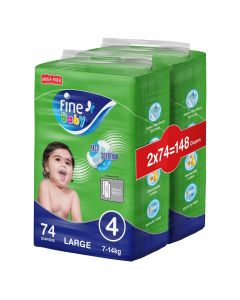 Fine Baby Diapers, Size 4, Large 7–14kg, Mega Pack, 2 packs of 74 diapers, 148 total count