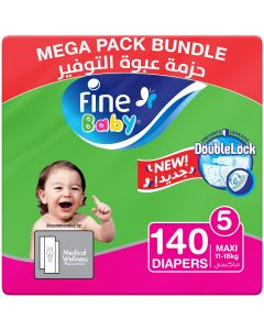 Fine Baby Diapers, DoubleLock Technology, Size 5, Maxi 11-18kg, Mega Pack, 140 Diapers